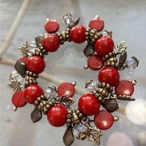 Red Beaded Charm stretch Bracelet with Antique Gold Accents